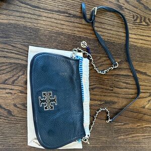 Tory Burch Black Pebbled Leather Crossbody with Gold Logo